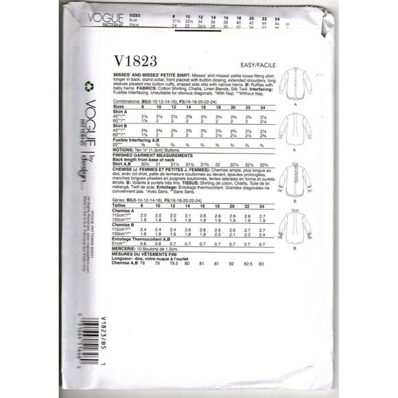 Vogue V1823 Misses 8 to 16 Poets Shirt Blouse Uncut Sewing Pattern 2021 - Picture 2 of 2